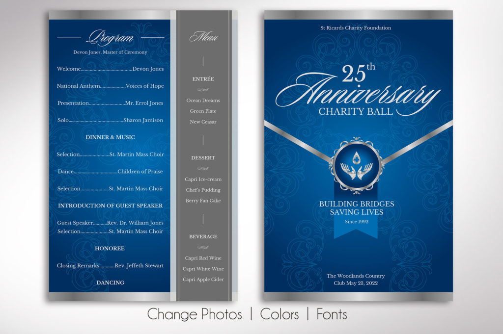 Blue Silver Anniversary Gala Program Canva Template | One Sheet | 2 Sides | Editable Colors | Size: 5.5”x8.5”