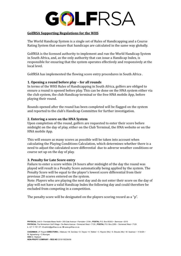 WHS Rules for South Africa Golf RSA