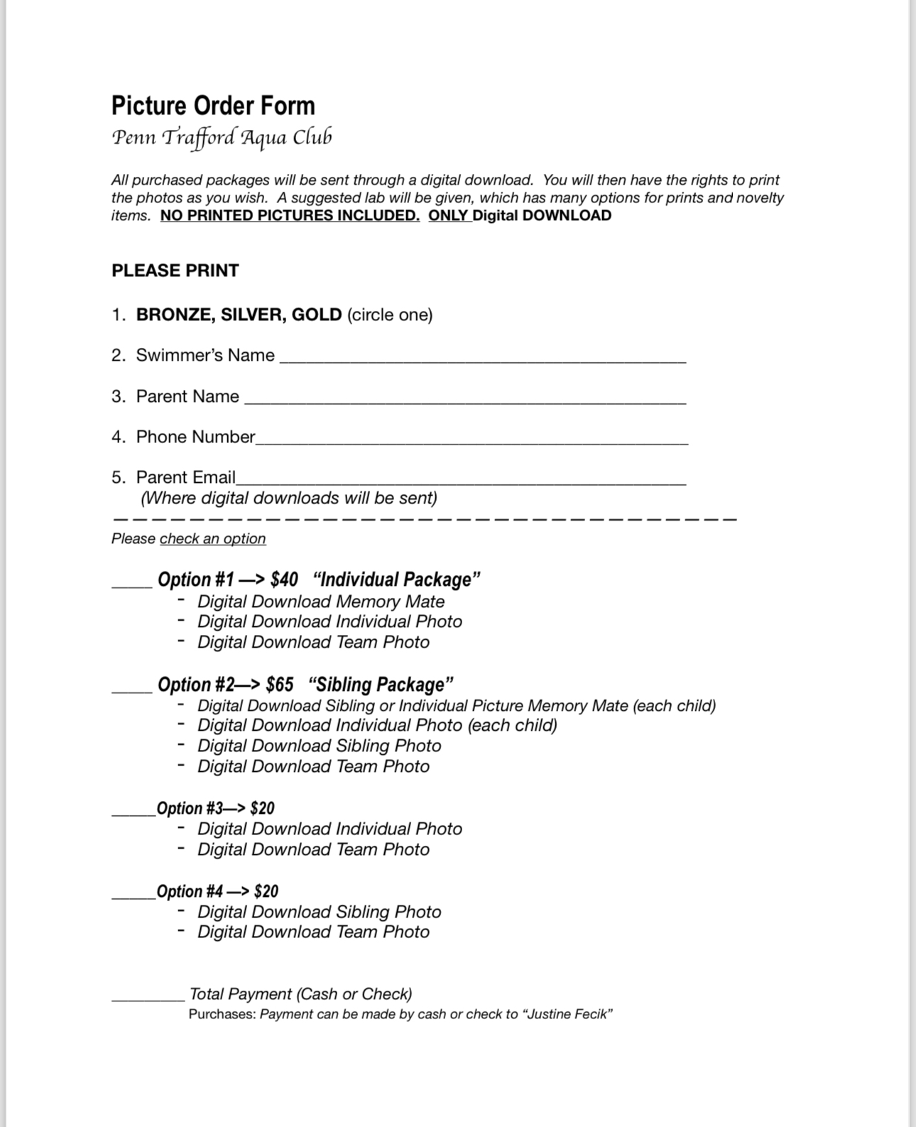 Swim picture order form