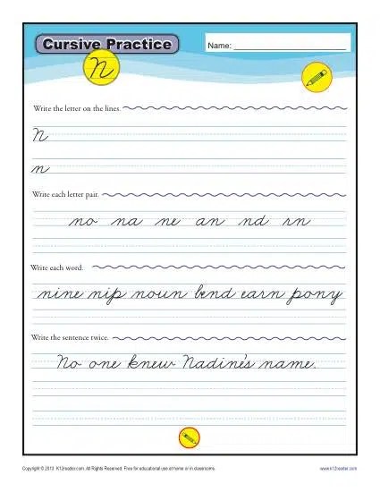 Printable Cursive Writing: Letter N Worksheets - GoodWorksheets