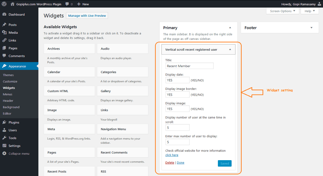Vertical scroll recent registered user WordPress plugin