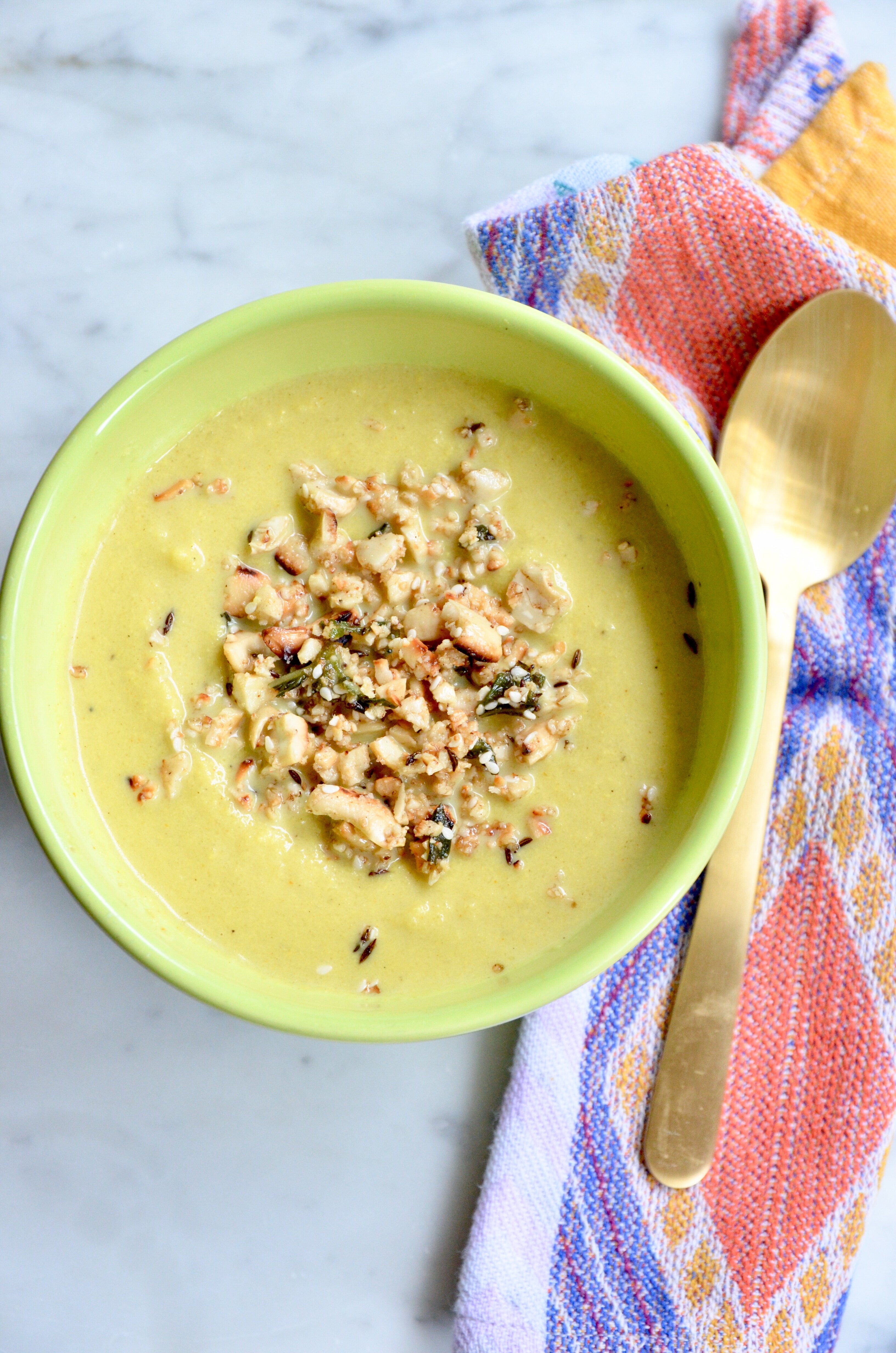 Golden Cauliflower Soup with Cashew Basil Pistou • The Mundens