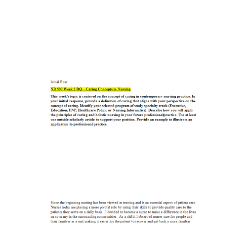 NR 500 Week 2 Discussion, Caring Concepts in Nursing Course Notes for