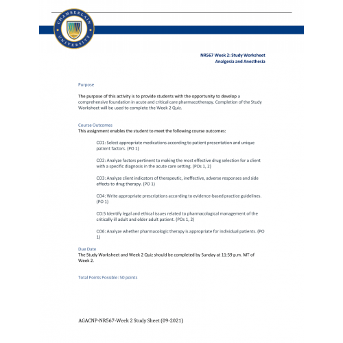 NR 567 Week 2 Study Worksheet; Analgesia and Anesthesia Course Resources