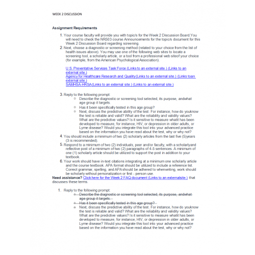 NR 503 Week 2 Discussion; Epidemiology Methods Screening and Diagnostic Tool Alcohol Use