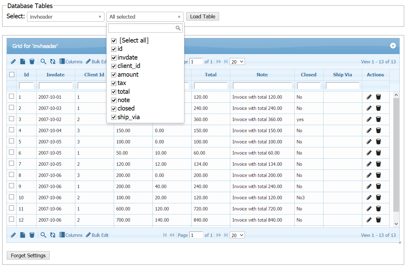 PHP Database Table Editor PHPJQuery Datagrid Component