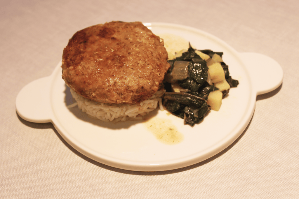 Polpetta di vitello al pistacchio, riso basmati, bietole e patate