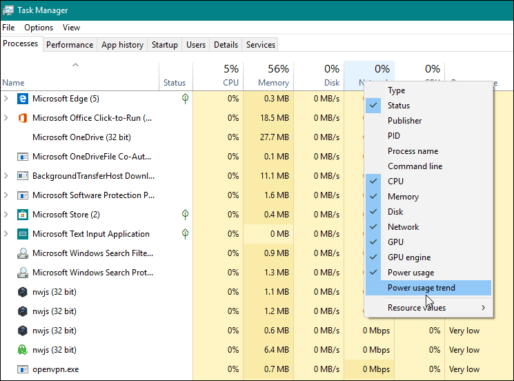 Monitor App Power Usage in Windows 10 Task Manager
