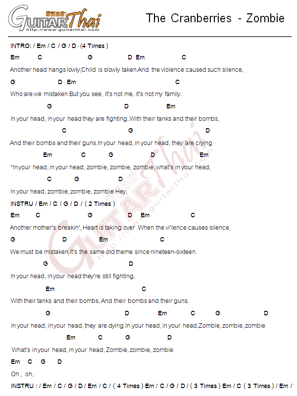 คอร์ด Zombie The Cranberries คอร์ดเพลง กีตาร์