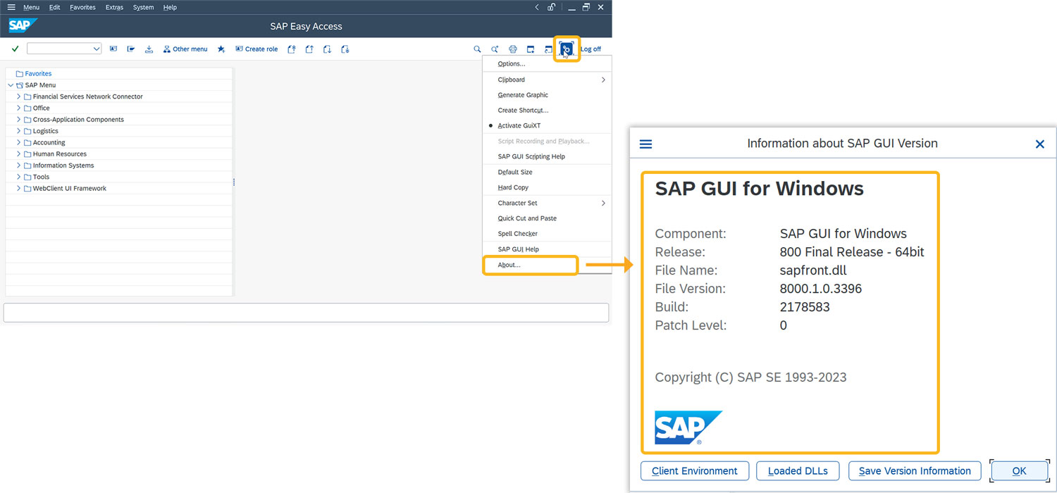 Check the version via the system status window