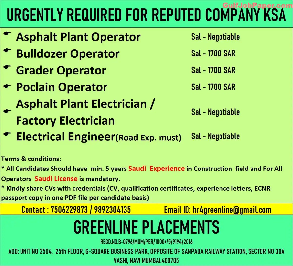 Urgently Required Operators And Electricians With Saudi Experience