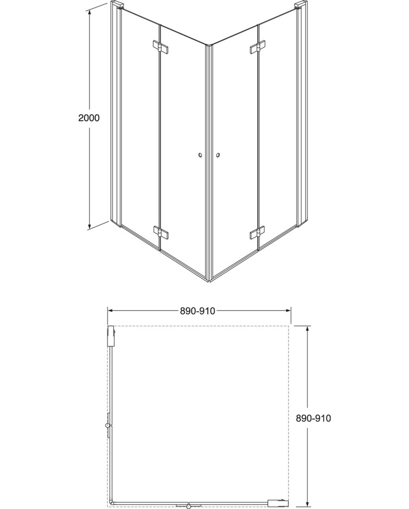Square Foldable shower door corner set For corner fitting, 90 x 90 cm