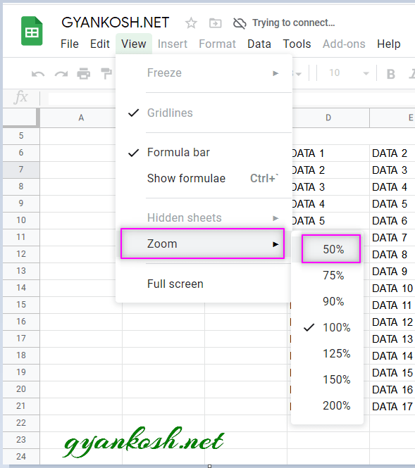 HOW TO ZOOM IN GOOGLE SHEETS GyanKosh Learning Made Easy