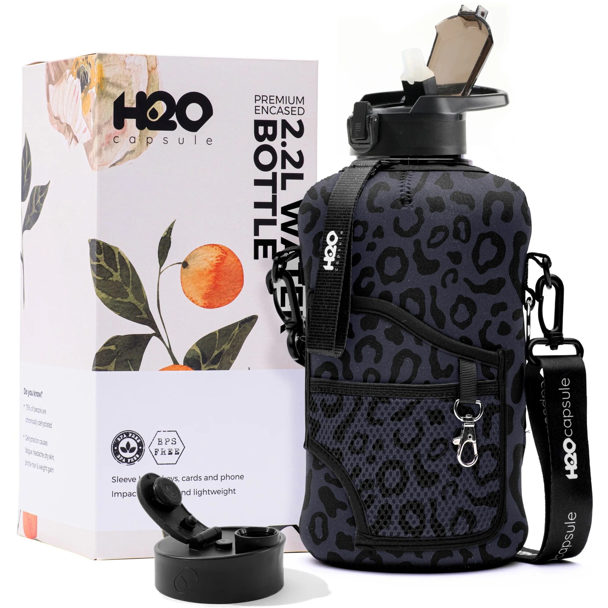 Black leopard Carryall Half Gallon Water Bottle with Storage Sleev