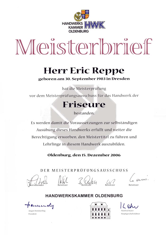 Mein Meisterbrief DER HAARFLÜSTERER®