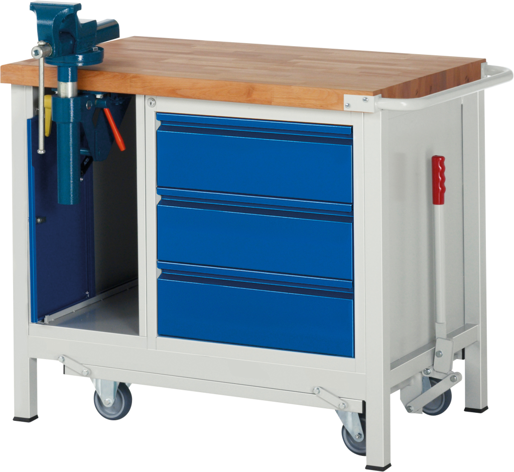 Fahrbare Kompakt-Werkbank Basic 8183 Mit Absenkbarem Fahrgestell Und 3 Schubladen/1 Schrank Mit Schraubstock Und Klapplift Kaufen - Im Haberkorn Online-Shop