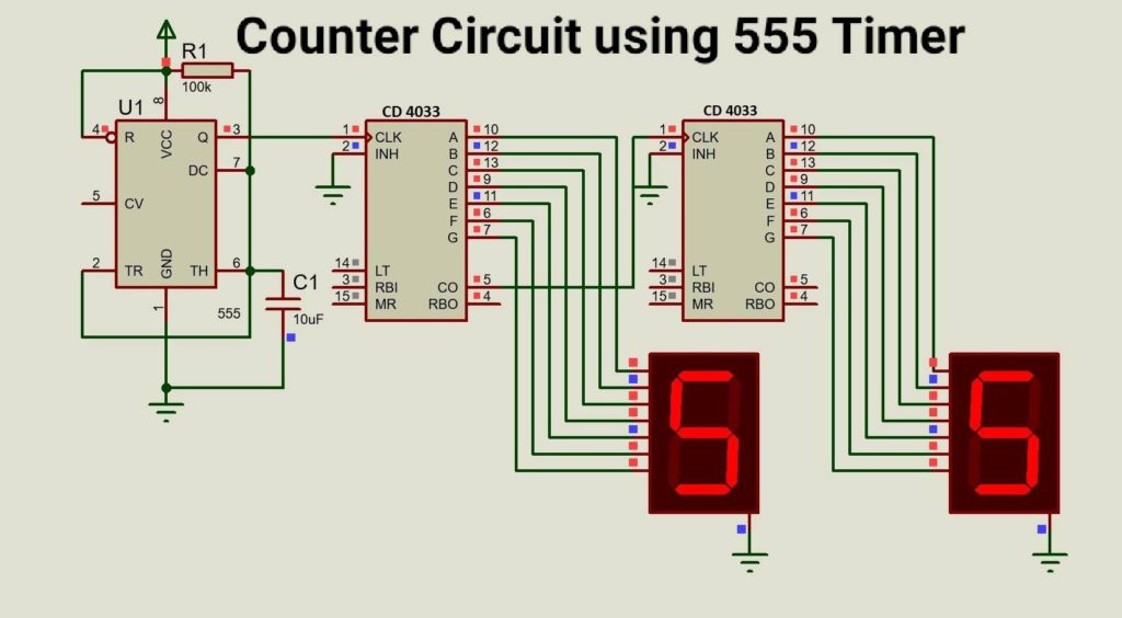 0 to 99 Counter Circuit using 555 Timer and CD4033 IC