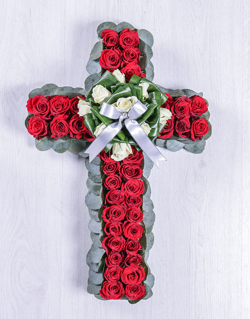 Red and White Rose Funeral Cross Hamperlicious