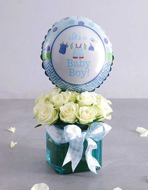 Baby Boy Rose and Balloon Arrangement Hamperlicious