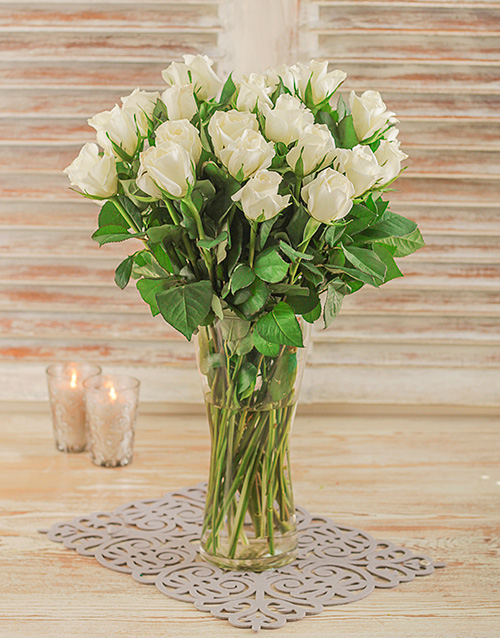 White Roses in a Glass Vase Hamperlicious