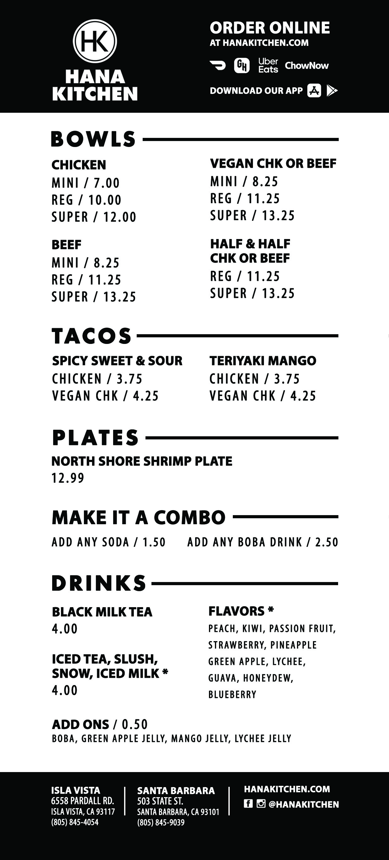 MENU — HANA KITCHEN