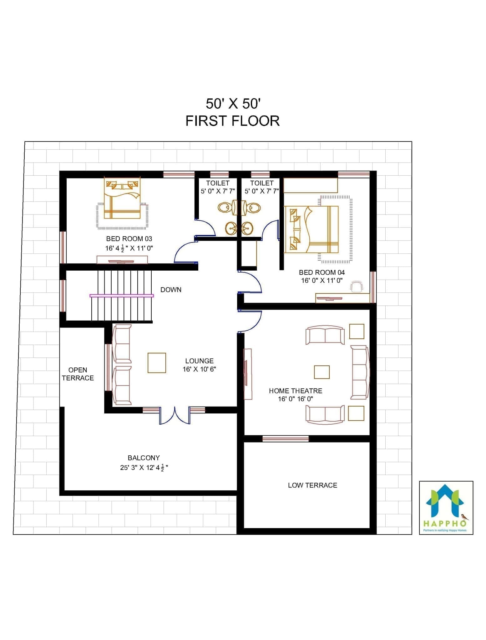Floor Plan for 50 X 50 Plot 5BHK (2500 Square Feet/278 SquareYards
