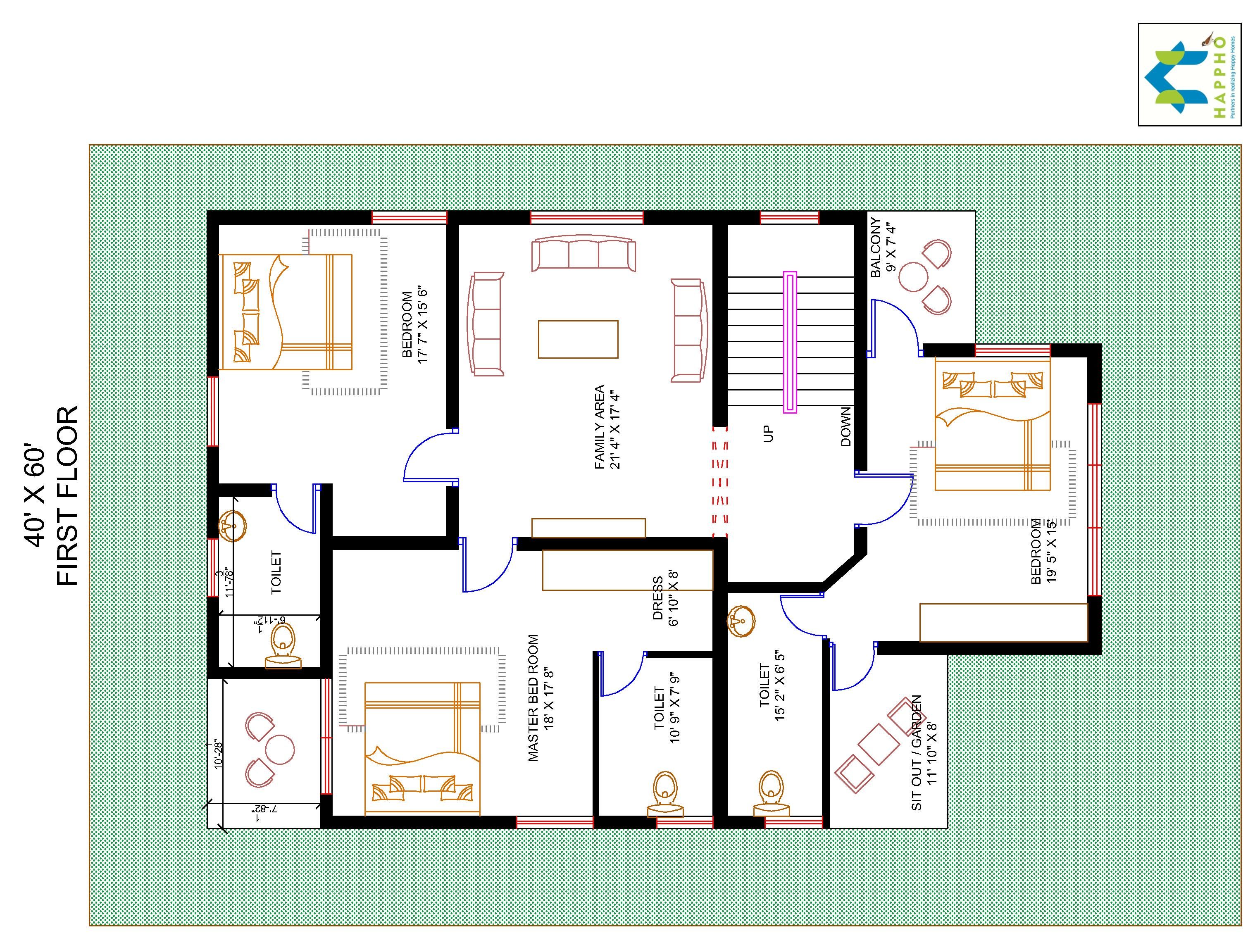 Floor Plan for 40 X 60 Plot 3BHK (2400 Square Feet/266 SquareYards