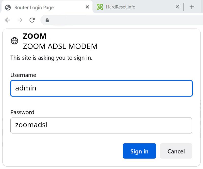 ZOOM ZOOM ADSL MODEM Default IP, How To HardReset.info
