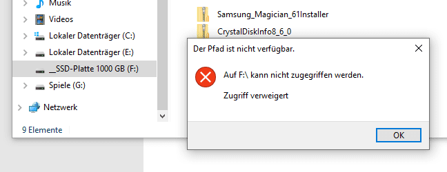 SSD im Bios erkannt, in Win10 erkannt jedoch Zugriff verweigert