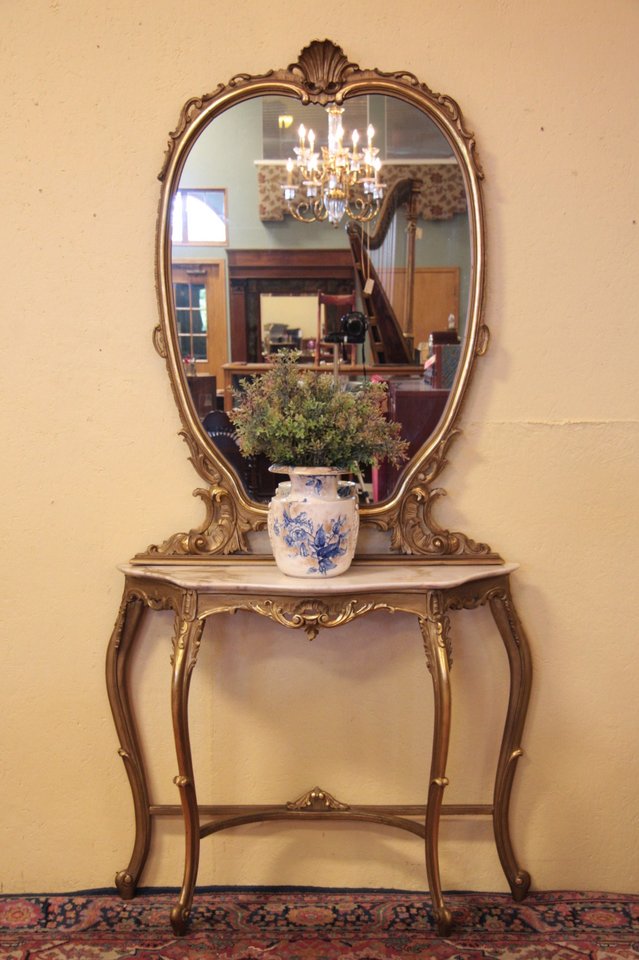 Antique Gold Console Table with Mirror and Marble