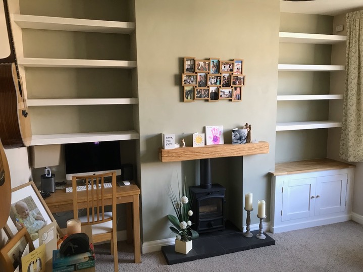 Oak top alcoves with floating shelves Harrison Fine Woodwork Lee