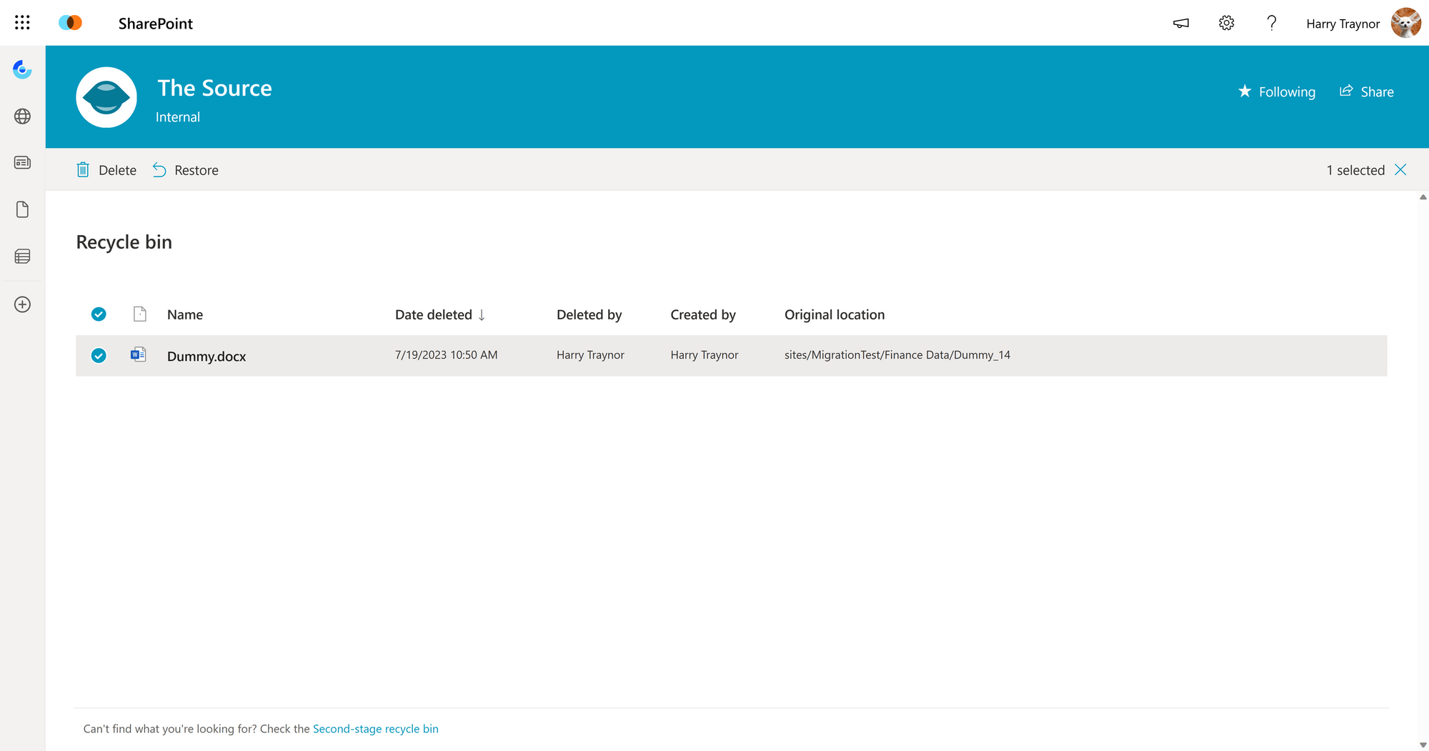 How do you restore items from the SharePoint recycling bin in a