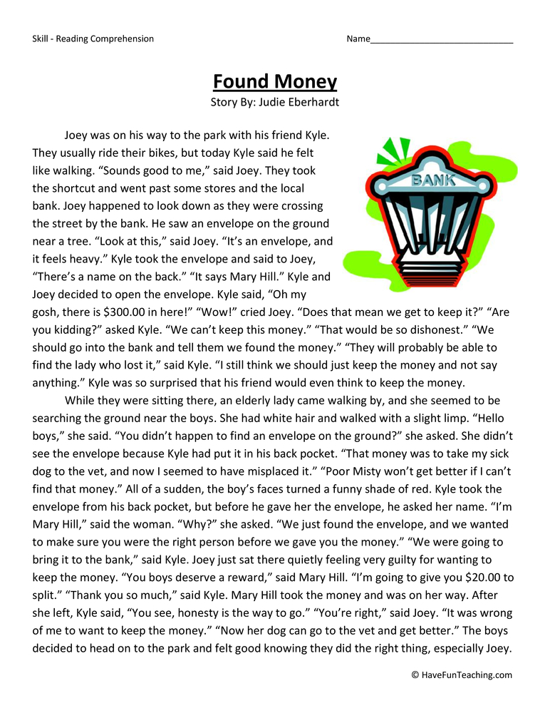 Found Money Reading Comprehension Worksheet • Have Fun Teaching