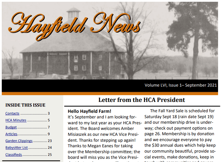September Hayfield News 2021 Hayfield Farm Neighborhood