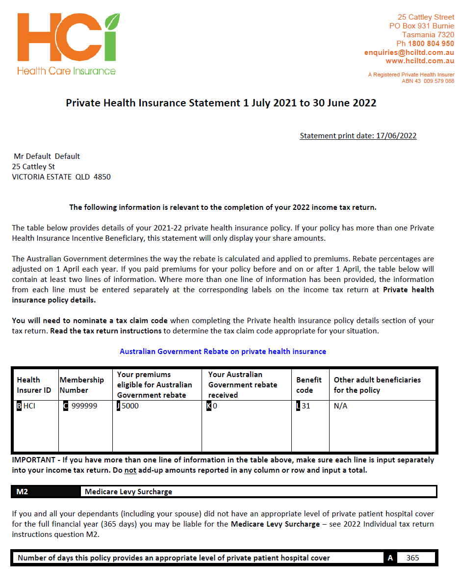 Private Health Tax Statements » HCi