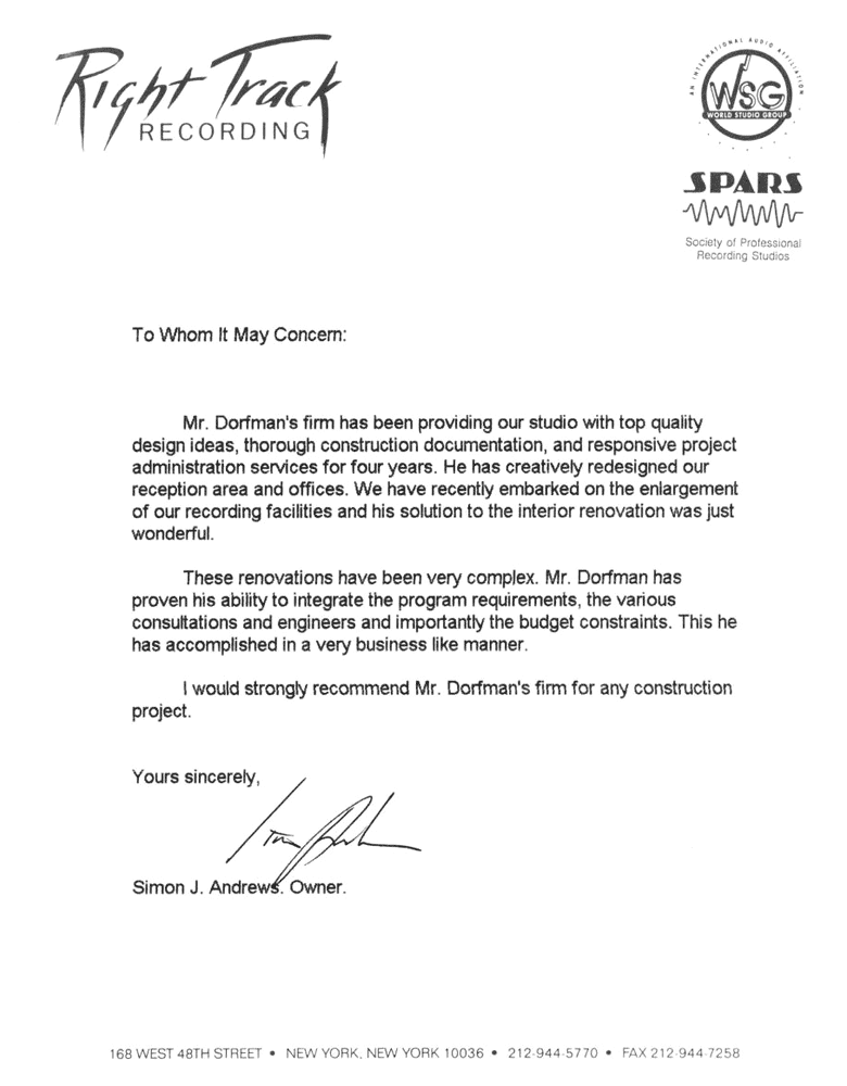 Hal Dorfman Architect Recommendation Letter (780 x 1000 Pixel)
