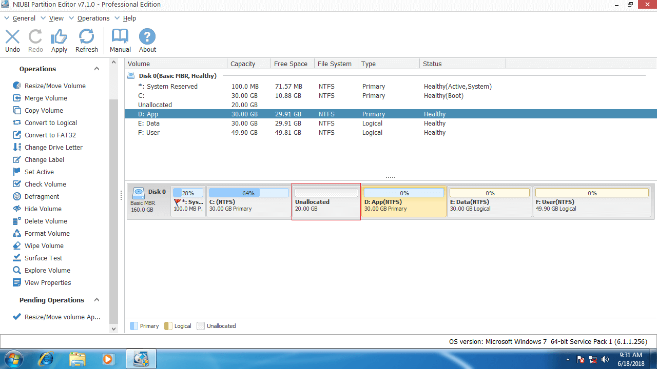 How to move partition and Unallocated space in Windows 7?