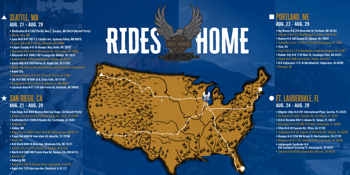 Harley Davidson Location Map Harley Announces Locations for 115th Anniversary Ride Harley Davidson