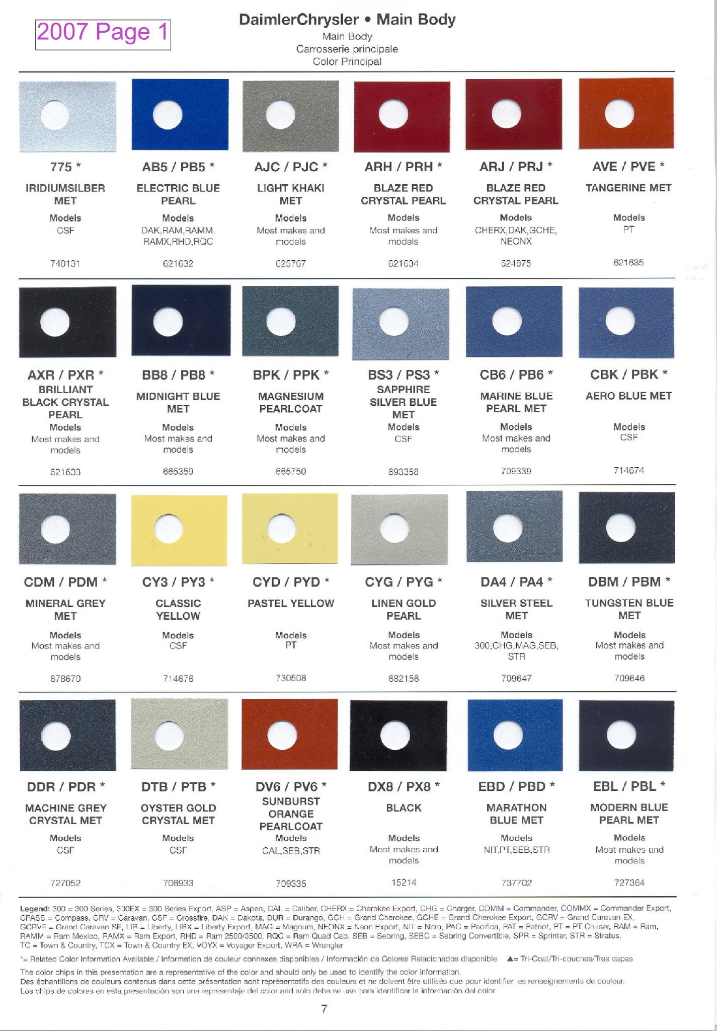 Chrysler Main Paint Codes & Color Charts