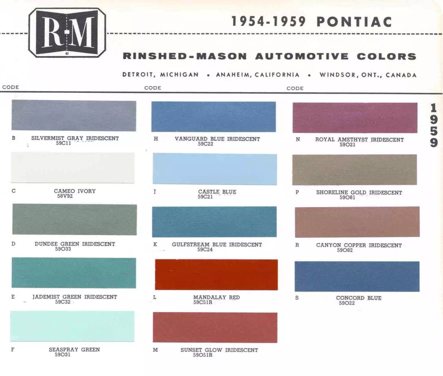 1950 to 1959 GM Paint Codes and Color Charts