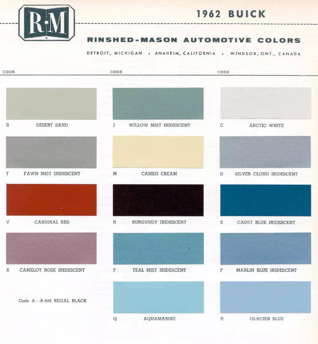 1960 to 1969 GM Paint Codes and Color Charts