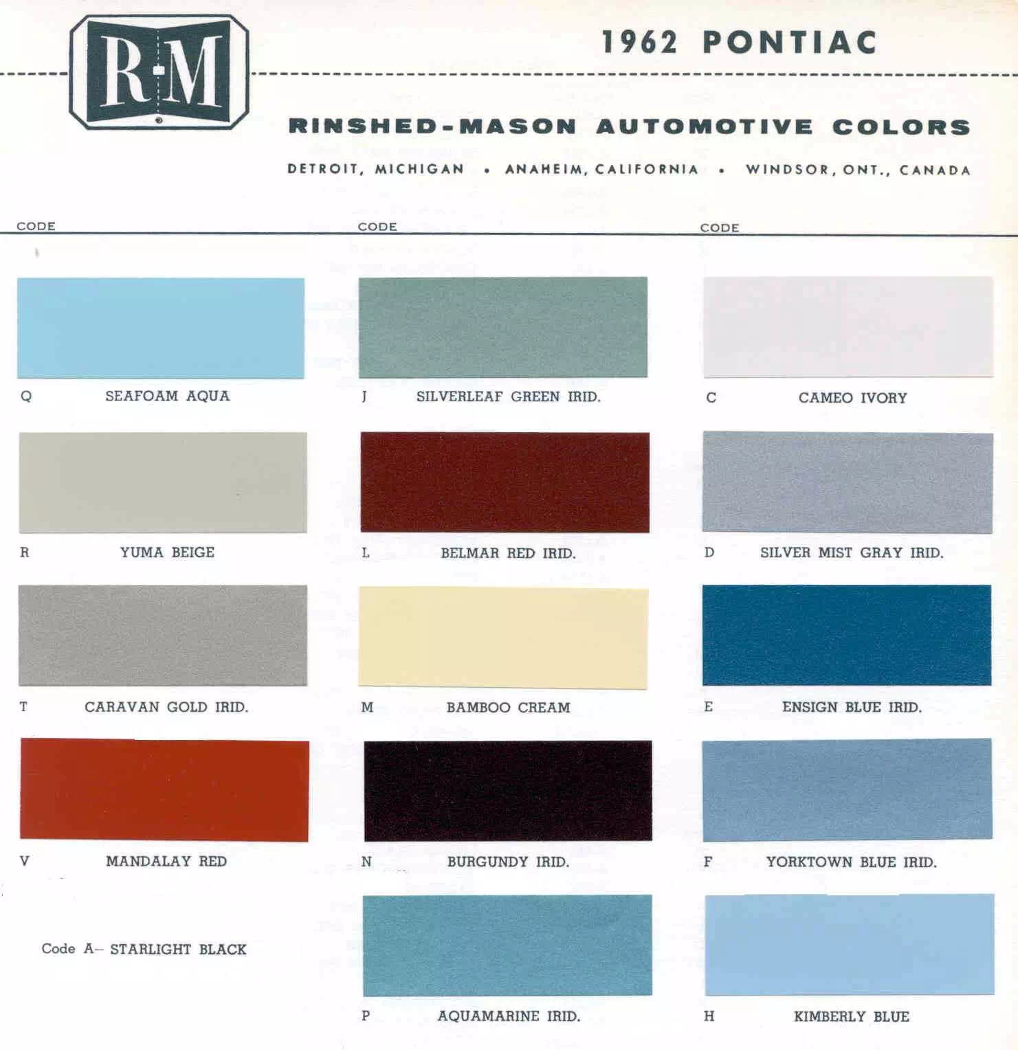All Pontiac Vehicle Paint Codes and Color Charts from 1931 to 1981