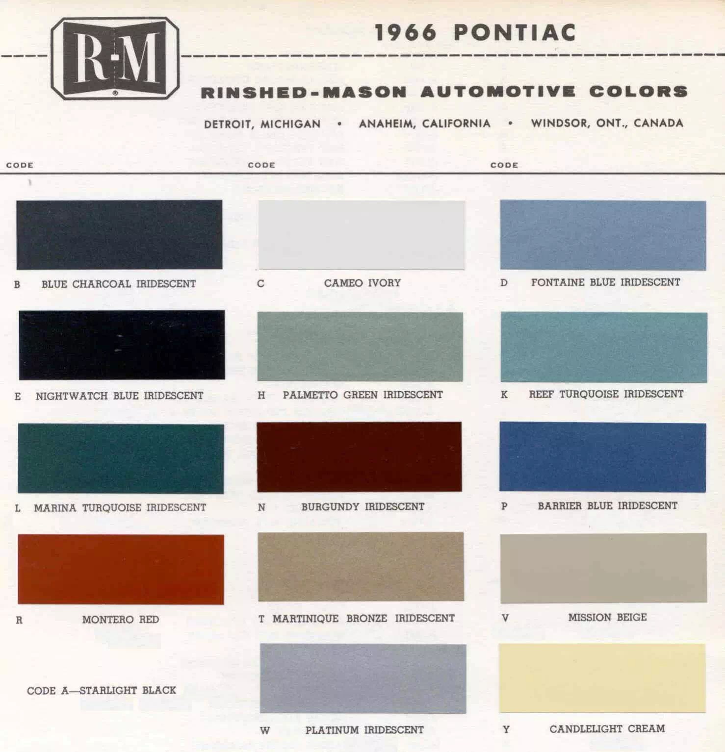All Pontiac Vehicle Paint Codes and Color Charts from 1931 to 1981