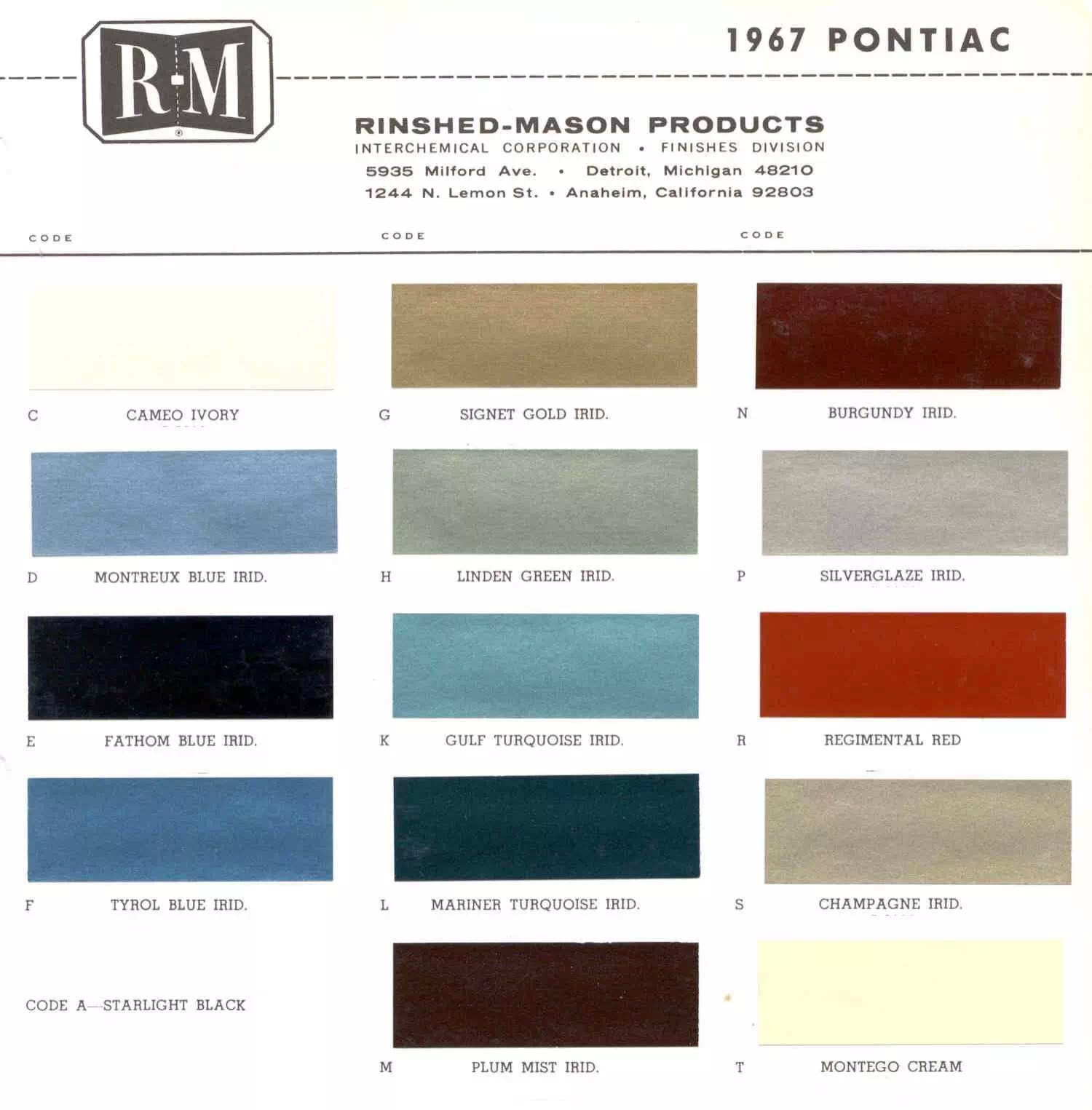 All Pontiac Vehicle Paint Codes and Color Charts from 1931 to 1981
