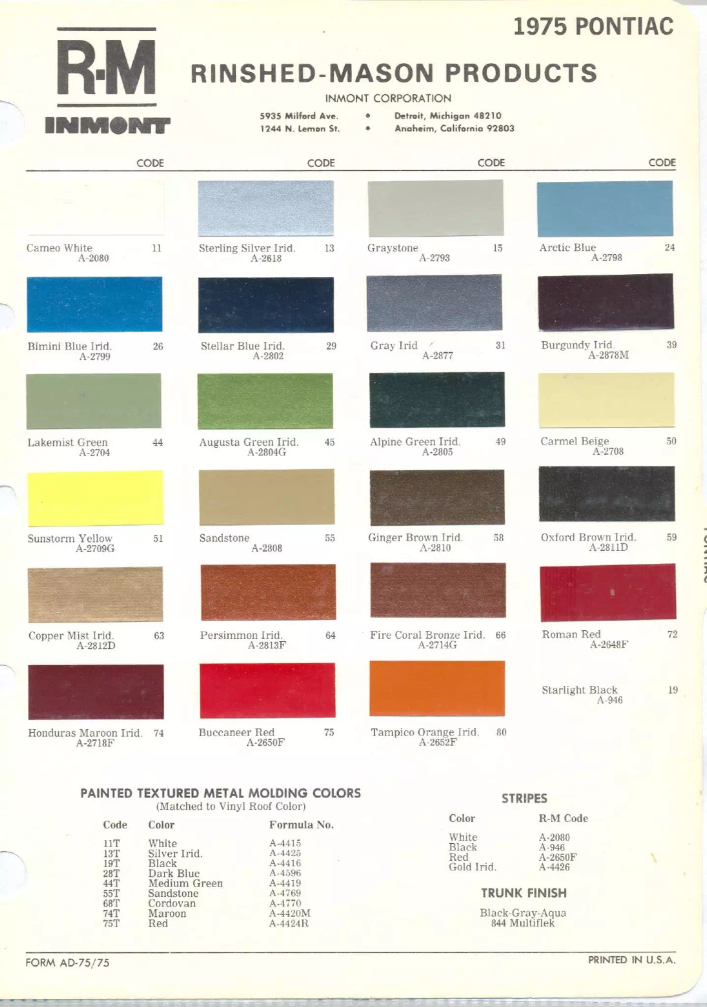 All Pontiac Vehicle Paint Codes and Color Charts from 1931 to 1981