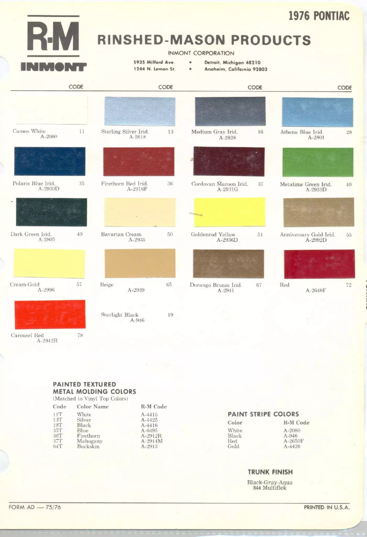 All Pontiac Vehicle Paint Codes and Color Charts from 1931 to 1981