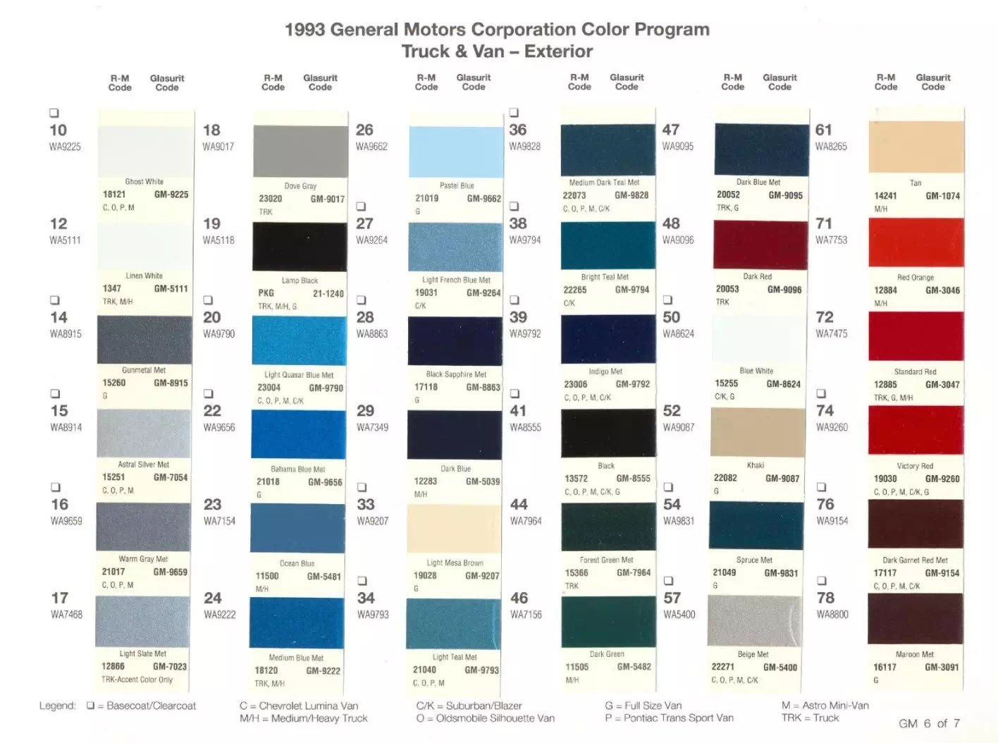 1990 to 1996 GM Paint Codes and Paint Charts