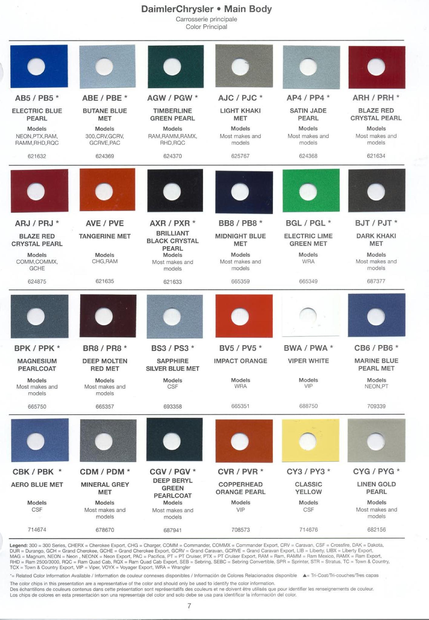 Chrysler Main Paint Codes & Color Charts