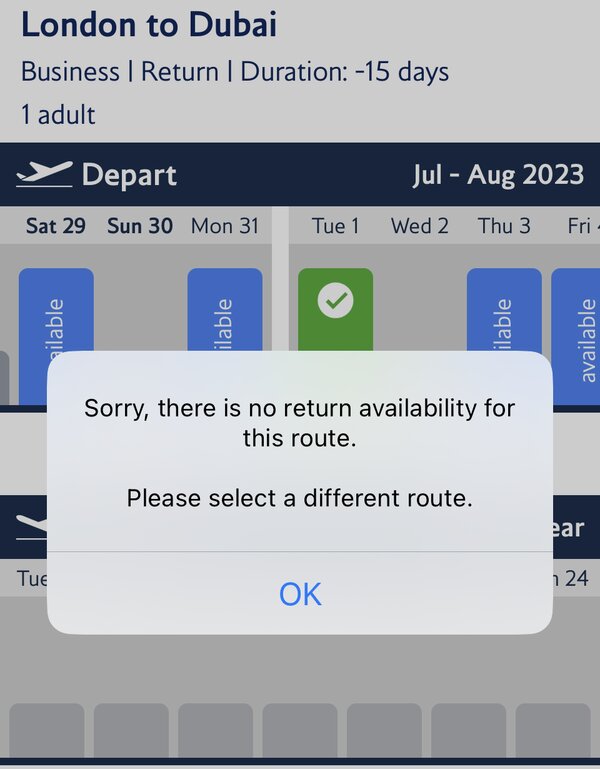 The 'Reward Flight Finder' feature in the BA app is broken