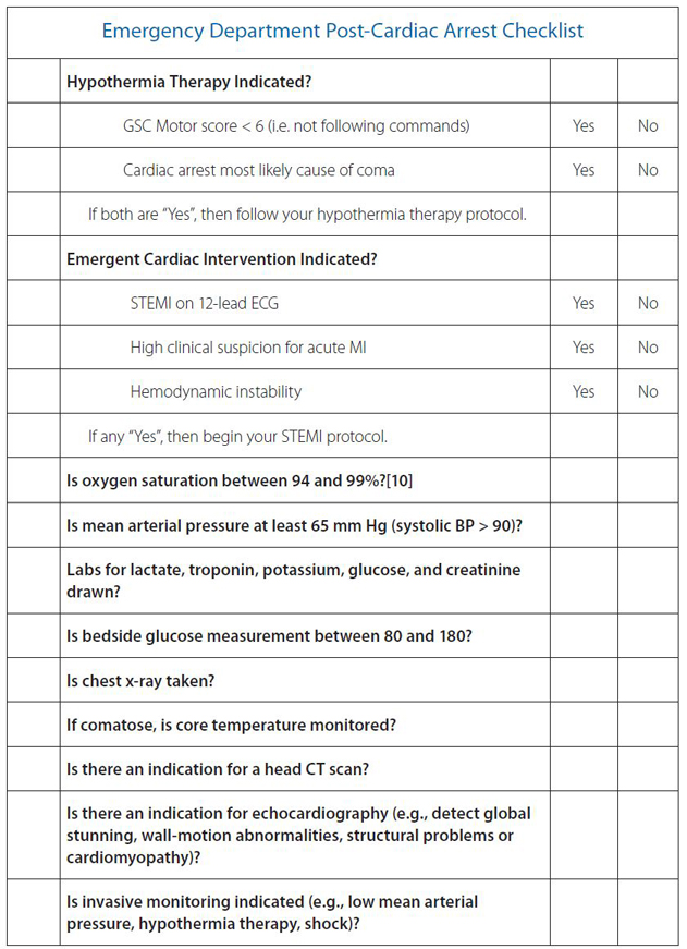 Emergency department PostCardiac Arrest Checklist Heart Rescue Project